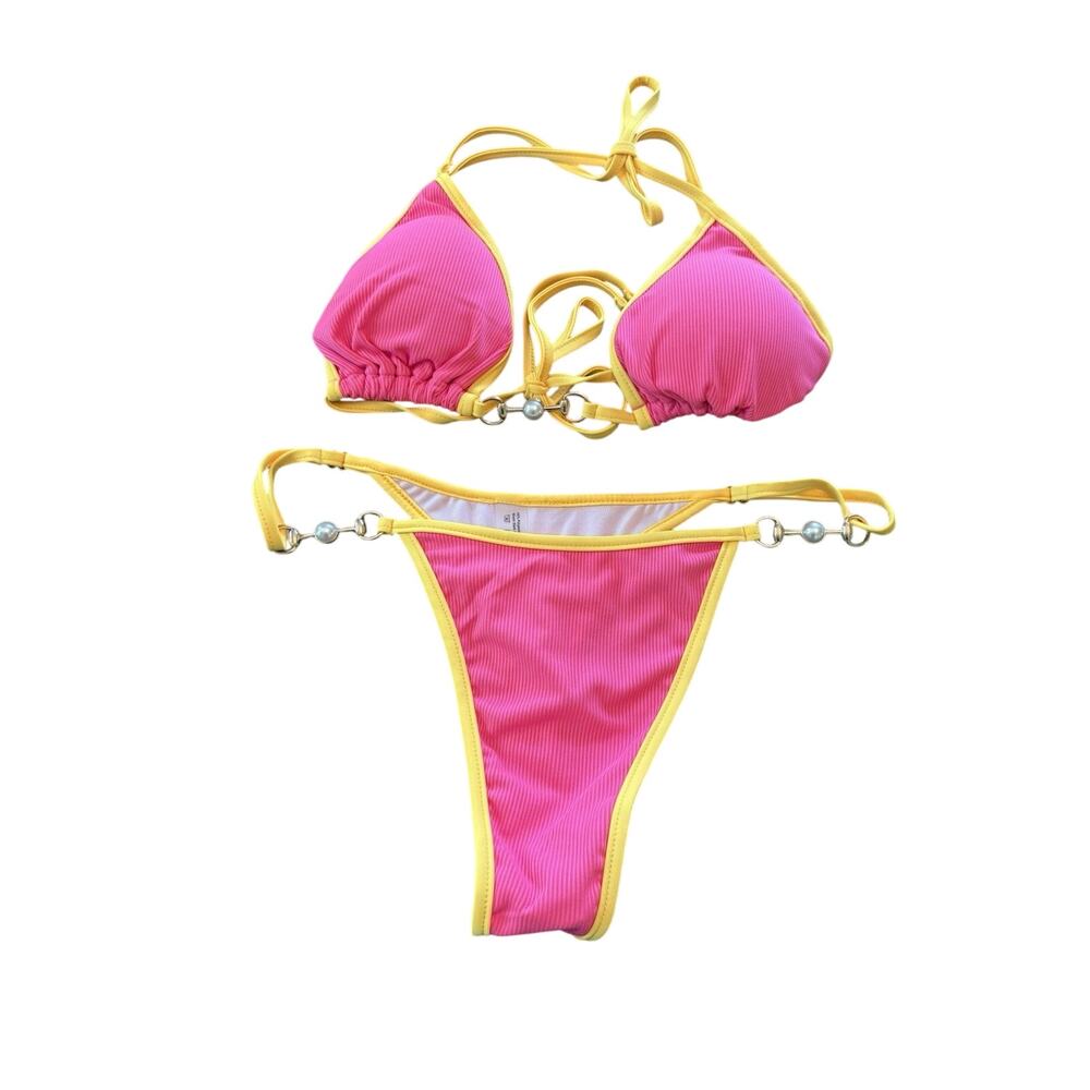 Women Large Hot Pink Yellow Pearl Sexy Thong Bikini Set String Swim Bathing Suit